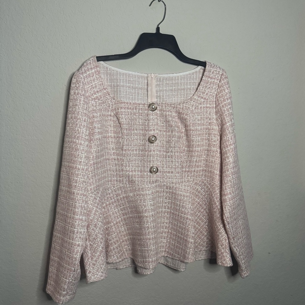 SHEIN Pink and White Buttoned Bib Collar Blouse